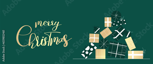 Luxury christmas and happy new year concept background vector. Elegant glittering gold christmas tree decorated, gift on dark green bokeh background. Design for wallpaper, card, cover, poster. 