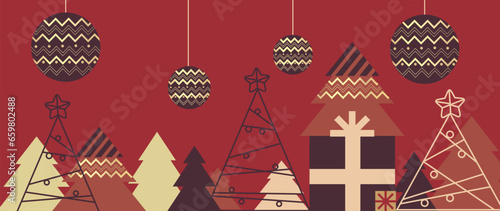 Luxury christmas and happy new year concept background vector. Elegant gradient white hanging bauble balls, gold snowflake, pine on red background. Design for wallpaper, card, cover, poster.