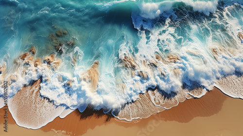 Seashore and waves, blue sea or ocean, waves, sand © Julia