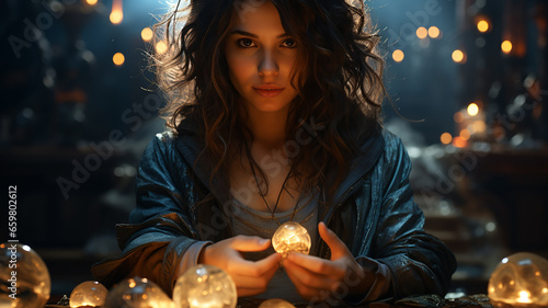 Mystical fortune teller: girl practicing magic and predictions