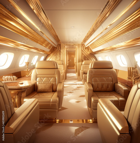 Interior of a private plane in gold color