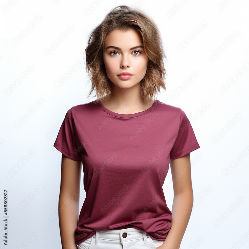 Young woman in t-shirt on white background, ai technology Young woman in t-shirt on white background, ai technology