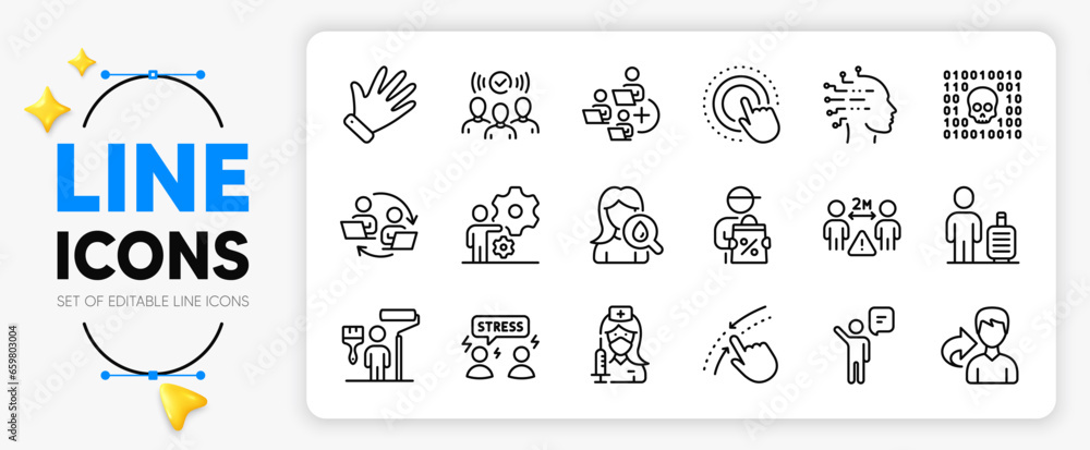 Agent, Share and Social distance line icons set for app include Job, Binary code, Click hand outline thin icon. Delivery discount, Moisturizing cream, Baggage pictogram icon. Hand. Vector