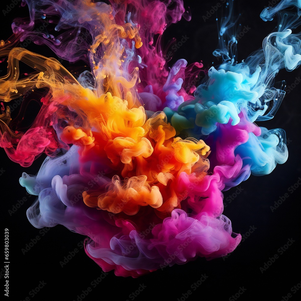 Fototapeta premium Colorful chimney smoke, top down, black background Generative AI