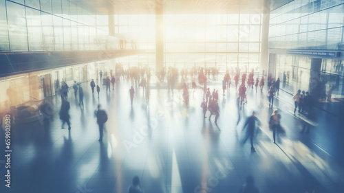 people blurred in motion, light background in a large hall, light background, abstract city, airport or business center exhibition pavilion, top view