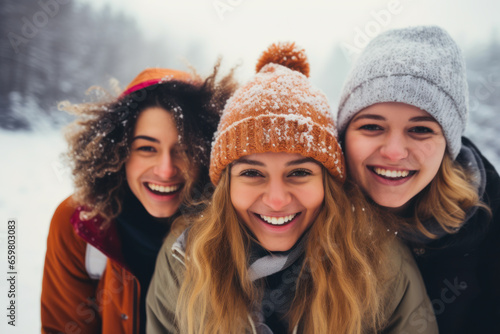 Portrait of a group of friends in winter clothes having fun on the snow