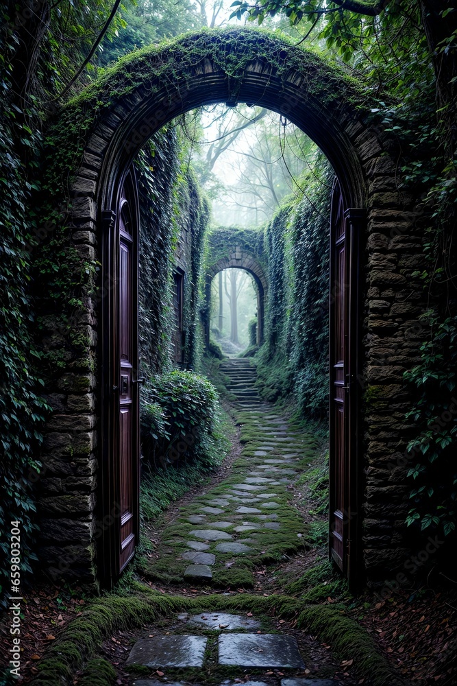3d rendering of a fantasy doorway portal framed by green vines leading into a idyllic garden. Generative AI 3d rendering of a fantasy doorway portal framed by green vines leading into a idyllic garden. Generative AI
