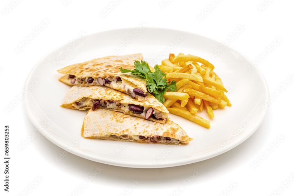 Mexican quesadilla with chicken, cheese and peppers on white background