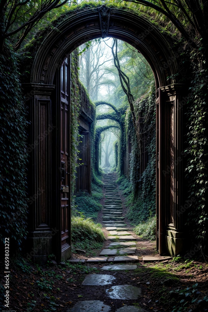 Fototapeta premium 3d rendering of a fantasy doorway portal framed by green vines leading into a idyllic garden. Generative AI