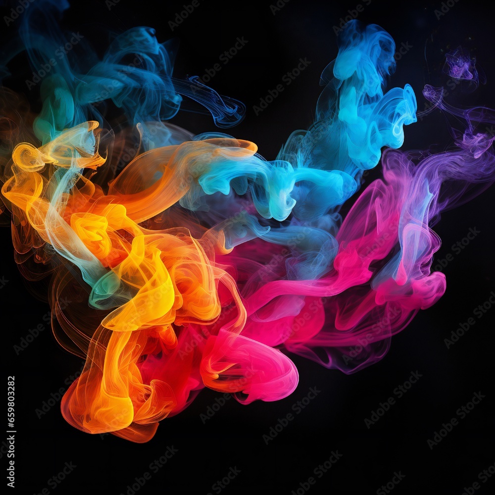 Fototapeta premium Colorful chimney smoke, top down, black background Generative AI