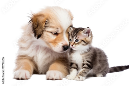 Portrait of Happy dog and cat that looking at the camera together isolated on transparent background, friendship between dog and cat, amazing friendliness of the pets. © TANATPON