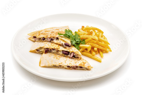 Mexican quesadilla with chicken, cheese and peppers on white background