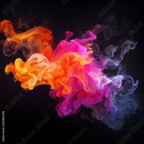 Colorful chimney smoke  top down  black background Generative AI