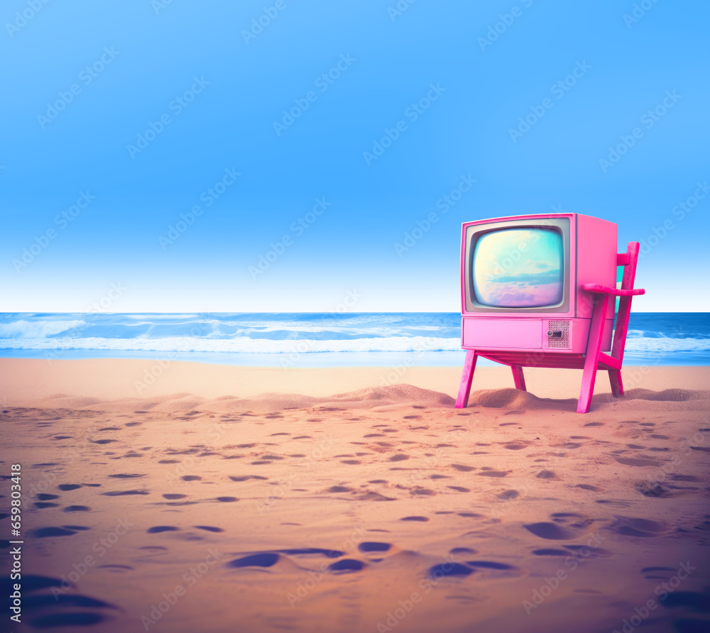 Pink TV on a sandy sea beach. Oceanfront television show in blue, yellow and pink colors. Bright card pop art cover background in the style of the popular blonde movie. Clear sky, sand, ocean shores