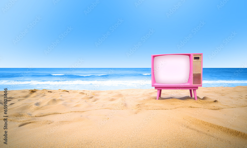 Pink TV on a sandy sea beach. Oceanfront television show in blue, yellow and pink colors. Bright card pop art cover background in the style of the popular blonde movie. Clear sky, sand, ocean shores Pink TV on a sandy sea beach. Oceanfront television show in blue, yellow and pink colors. Bright card pop art cover background in the style of the popular blonde movie. Clear sky, sand, ocean shores