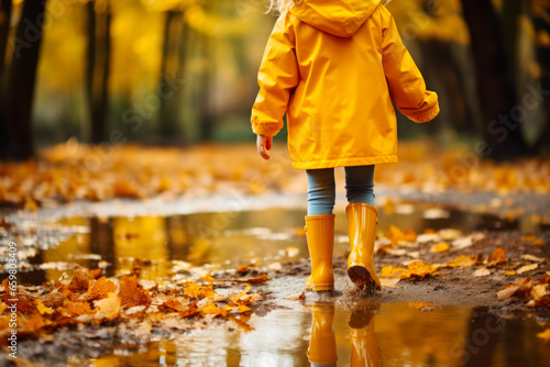  Child in yellow raincoat splashing in autumn puddle.