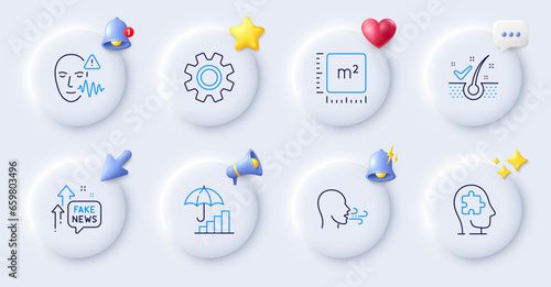 Voice wave, Breathing exercise and Service line icons. Buttons with 3d bell, chat speech, cursor. Pack of Fake news, Anti-dandruff flakes, Mental conundrum icon. Vector