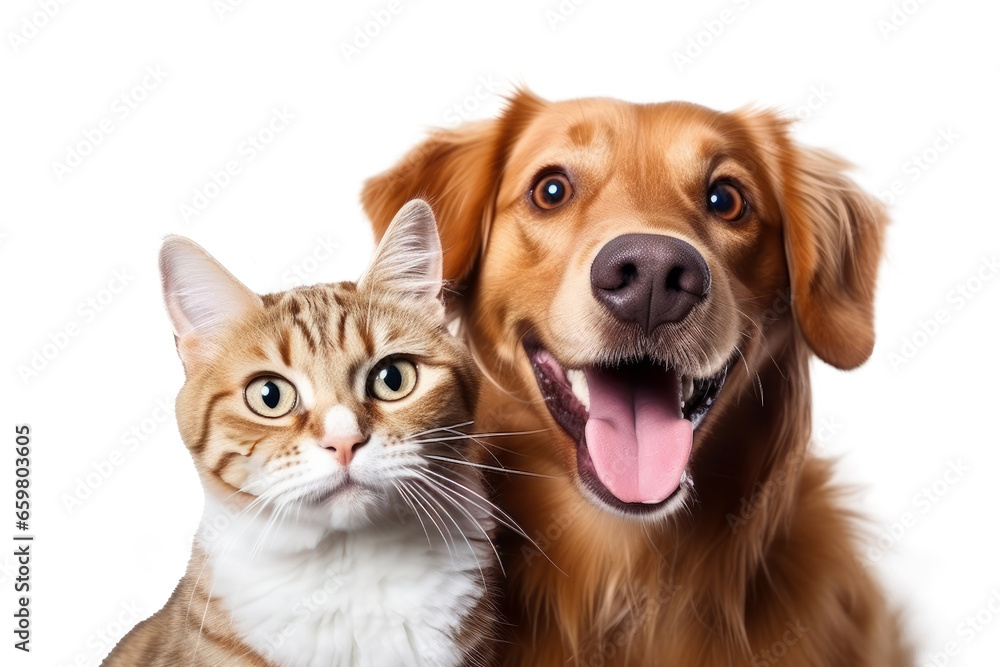 Obraz na płótnie Portrait of Happy dog and cat that looking at the camera together isolated on transparent background, friendship between dog and cat, amazing friendliness of the pets. w salonie