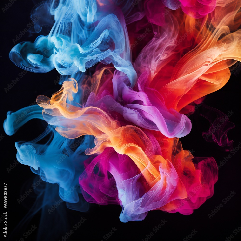 Colorful chimney smoke, top down, black background Generative AI