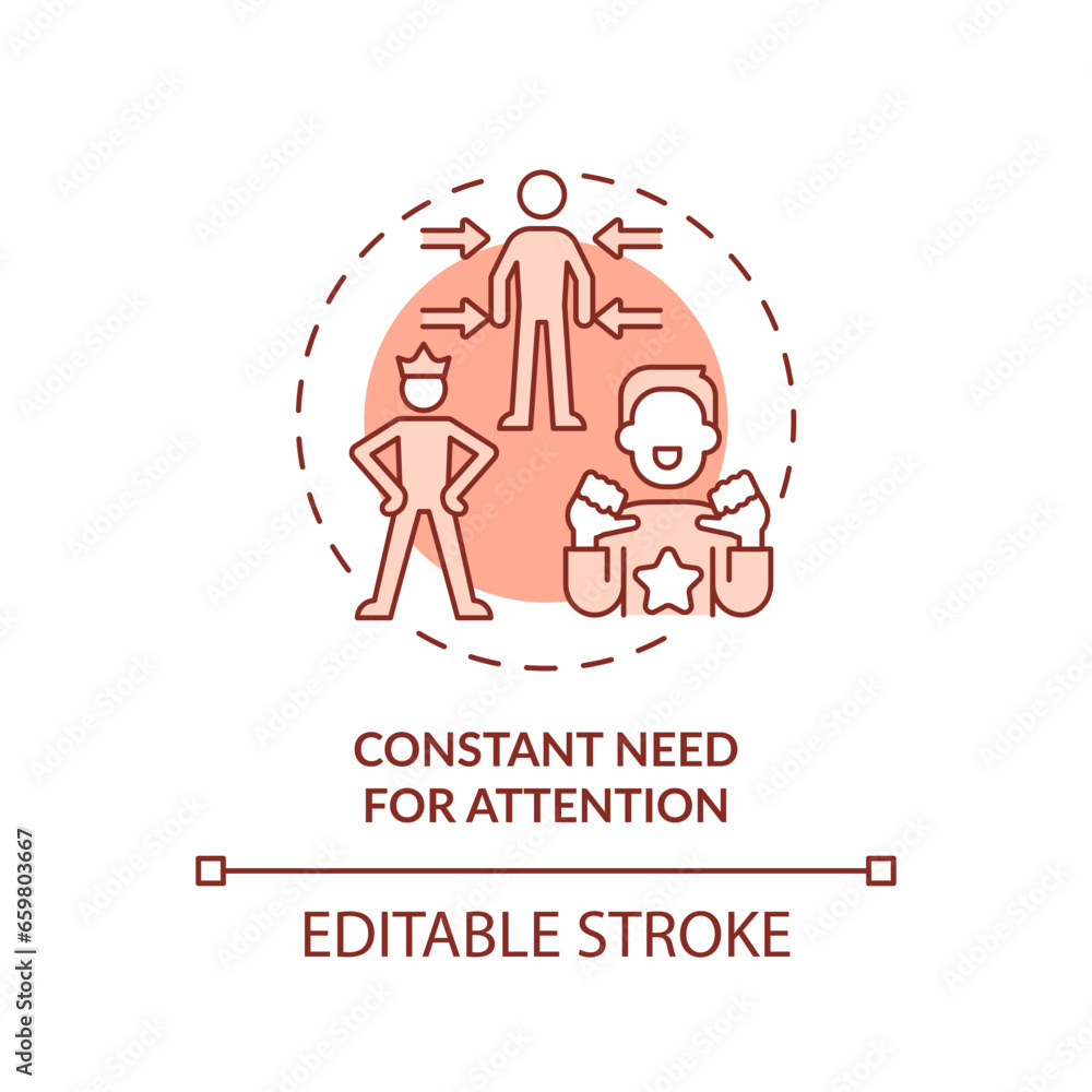 2D editable thin line icon constant need for attention concept, monochromatic isolated vector, red illustration representing codependent relationship. 2D editable thin line icon constant need for attention concept, monochromatic isolated vector, red illustration representing codependent relationship.