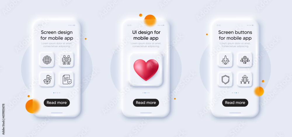 Employees teamwork, Plane and Delivery location line icons pack. 3d phone mockups with heart. Glass smartphone screen. Inclusion, Teamwork, Seo internet web icon. Certificate, Shield pictogram. Vector Employees teamwork, Plane and Delivery location line icons pack. 3d phone mockups with heart. Glass smartphone screen. Inclusion, Teamwork, Seo internet web icon. Certificate, Shield pictogram. Vector