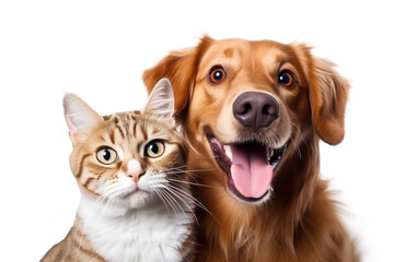 Portrait of Happy dog and cat that looking at the camera together isolated on transparent background, friendship between dog and cat, amazing friendliness of the pets.