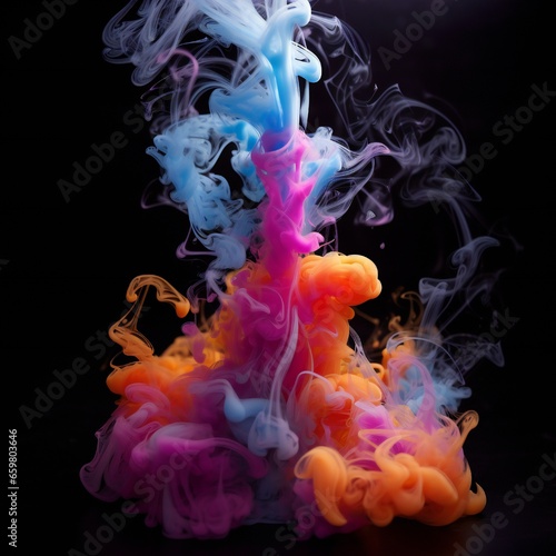 Colorful chimney smoke, top down, black background Generative AI