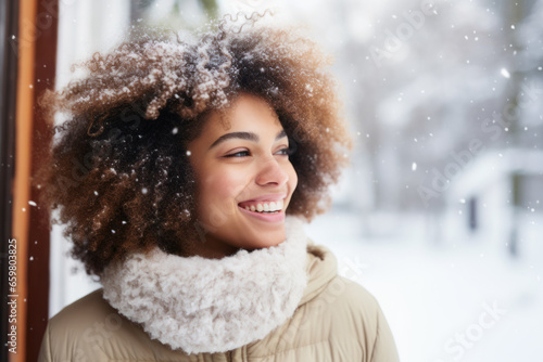 Close up portrait of a beautiful young african american woman smiling outdoors in winter