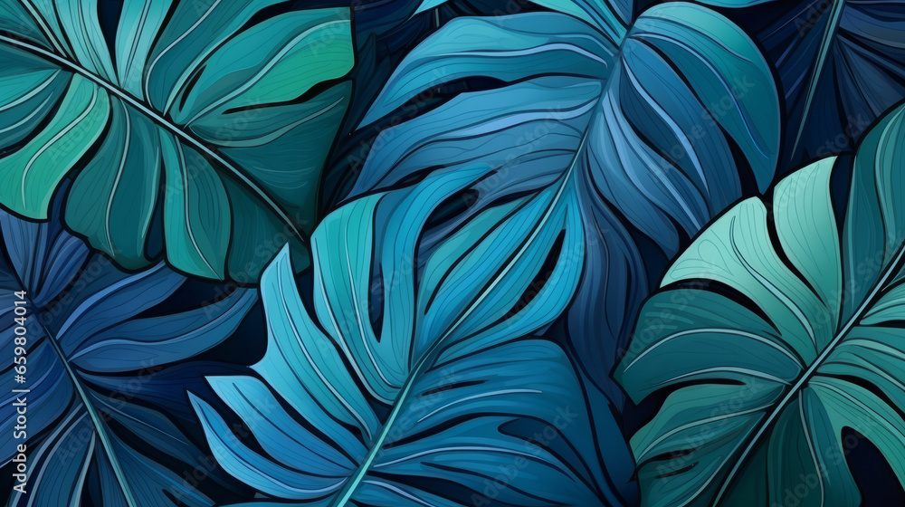 custom made wallpaper toronto digitalBlue tropical summer plant leaf seamless pattern. Monstera leaves background illustration.