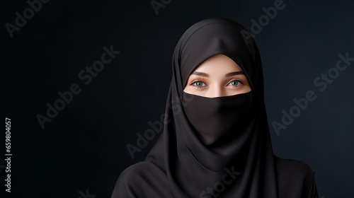 Beautiful woman muslim with niqab in black background