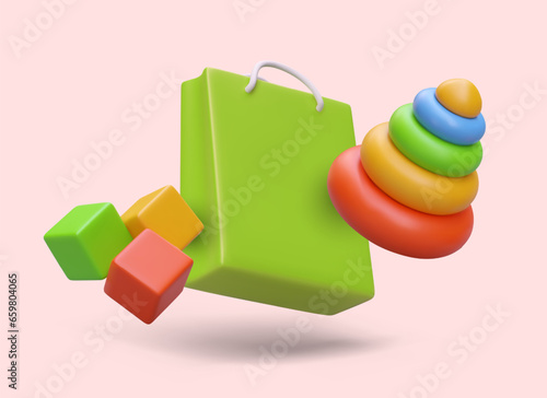 Shopping bag with colorful 3d educational toys. Colorful poster for web store selling toys for children. Vector illustration in green, yellow and red colors