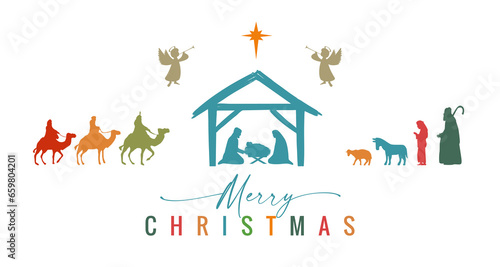 Merry Christmas. Mary, Joseph, Jesus in manger, wisemen, shepherds, angels and Bethlehem star. The birth of Christ, Holy night vector colored illustration