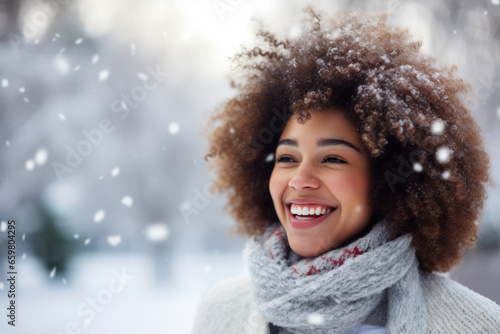 Portrait of beautiful african american woman with afro hairstyle in winter