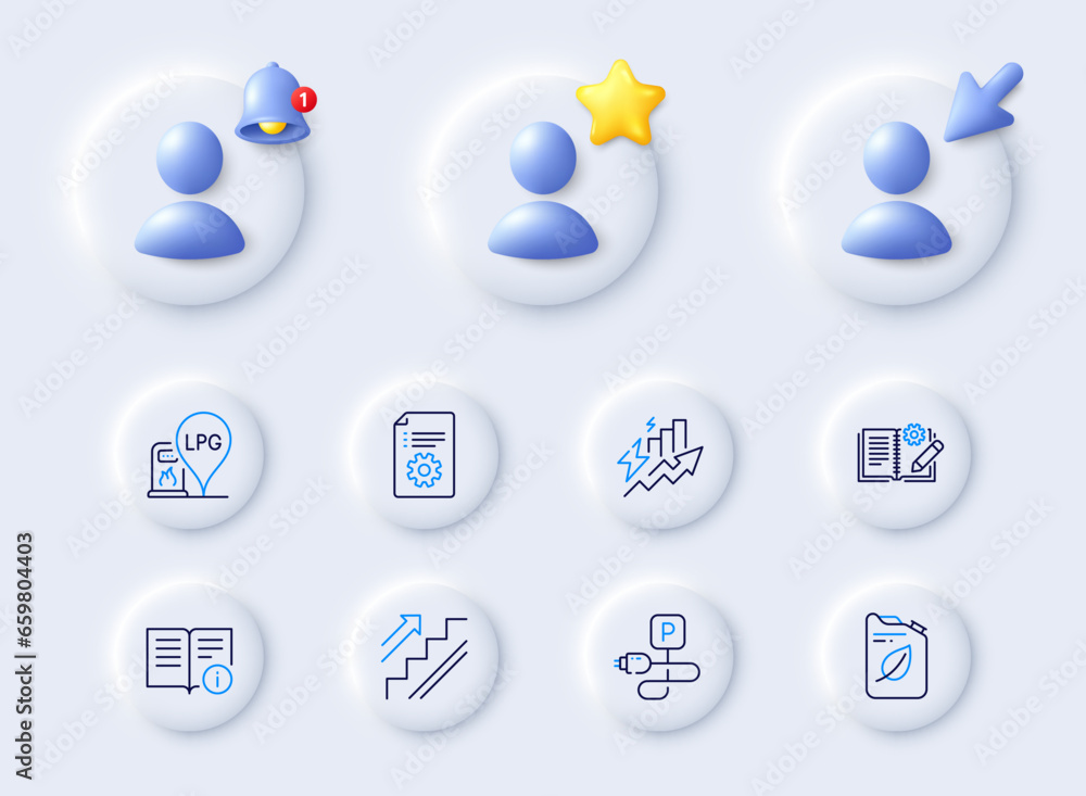 Naklejka premium Technical info, Canister and Consumption growth line icons. Placeholder with 3d cursor, bell, star. Pack of Stairs, Charging parking, Technical documentation icon. Vector