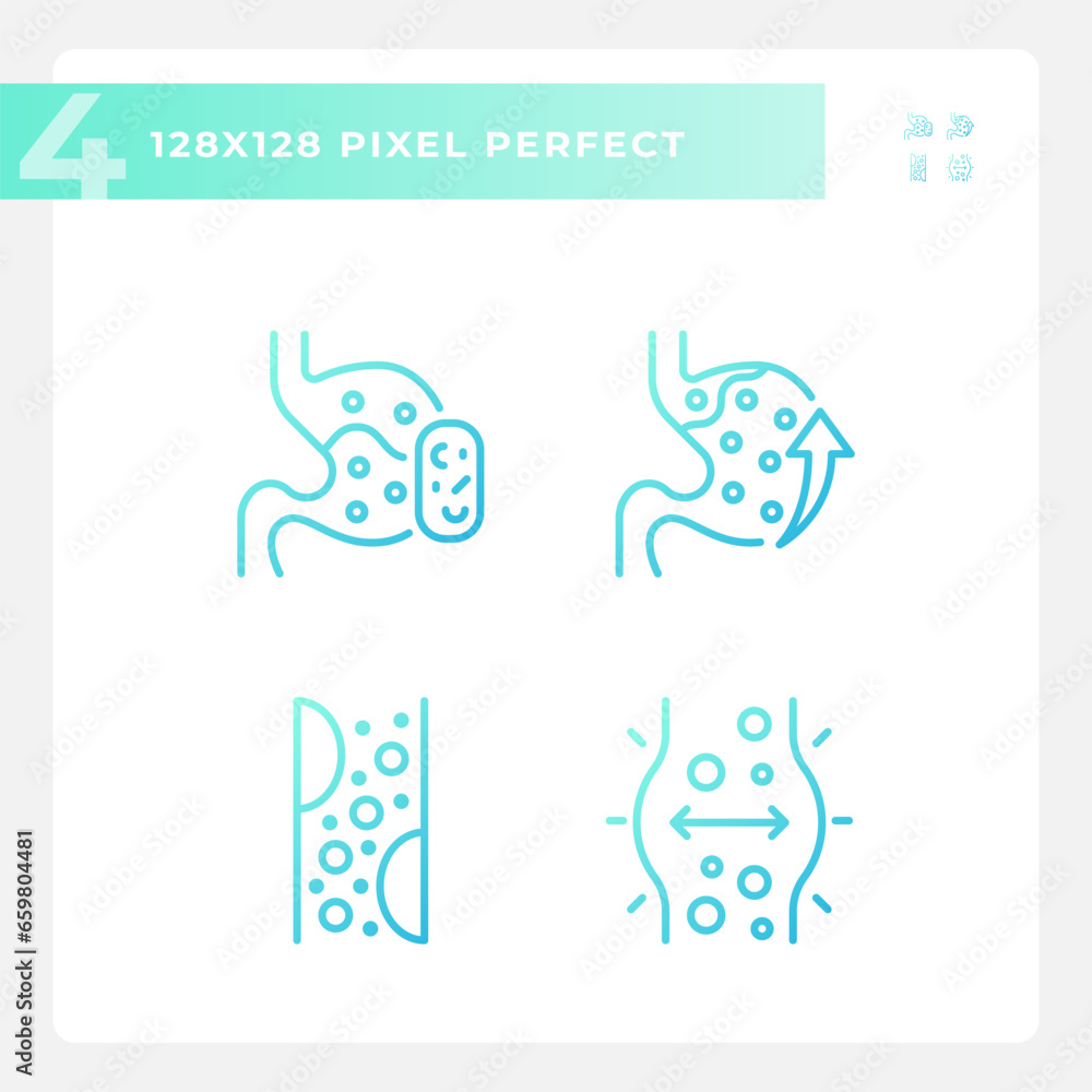 2D pixel perfect gradient icons set representing metabolic health, thin linear illustration.