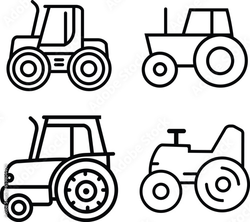 set of black line Tractor icons. Creative signs from farm icons collection. Tractor icons with editable stock for computer and mobile. Symbol, logo vector graphics isolated on transparent background.