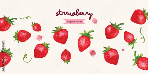 Fototapeta Naklejka Na Ścianę i Meble -  Juicy strawberry watercolor design square frame. Bright red berries cute strawberry. Summer botanical illustration. For packages, cards, logo. Summer sweet d bright and berries. Isolated on beige.
