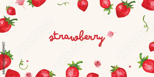 Juicy strawberry watercolor design square frame. Bright red berries cute strawberry. Summer botanical illustration. For packages, cards, logo. Summer sweet d bright and berries. Isolated on beige.