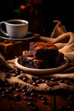 Plate of brownies with coffee beans and cup of coffee.