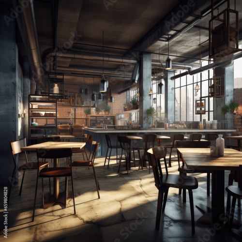 Urban Restaurant Scene with Industrial Decor for AI Modeling