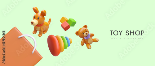Colorful poster with toy collection and green background. Shopping bag, dog and teddy bear soft toy, educational pyramid with colorful rings and cubes. Vector illustration