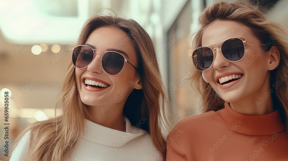 Two happy and smiling girlfriends walk through boutiques and shopping centers and buy goods on Black Friday sales day. Two happy and smiling girlfriends walk through boutiques and shopping centers and buy goods on Black Friday sales day.