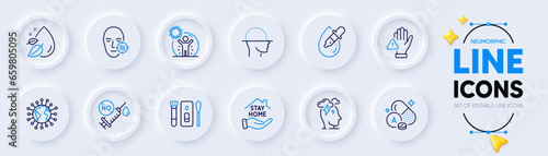 Coronavirus, Coronavirus vaccine and Eye drops line icons for web app. Pack of Covid test, Water drop, Dont touch pictogram icons. Stay home, Face scanning, Stress signs. Vitamin a. Vector