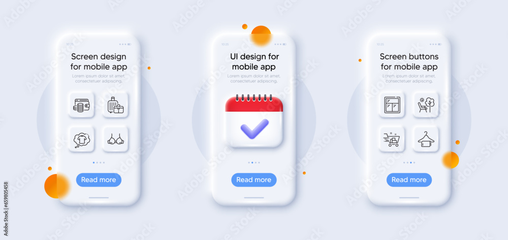 Bra, Clean towel and Window line icons pack. 3d phone mockups with calendar. Glass smartphone screen. Shopping cart, T-shirt, Wallet money web icon. Deckchair, Baggage pictogram. Vector Bra, Clean towel and Window line icons pack. 3d phone mockups with calendar. Glass smartphone screen. Shopping cart, T-shirt, Wallet money web icon. Deckchair, Baggage pictogram. Vector