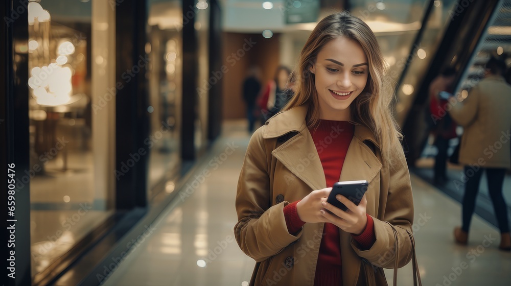 A happy and cheerful girl pays in a shopping center, with a mobile phone, through an application on the day of the Black Friday sale. - obrazy, fototapety, plakaty 