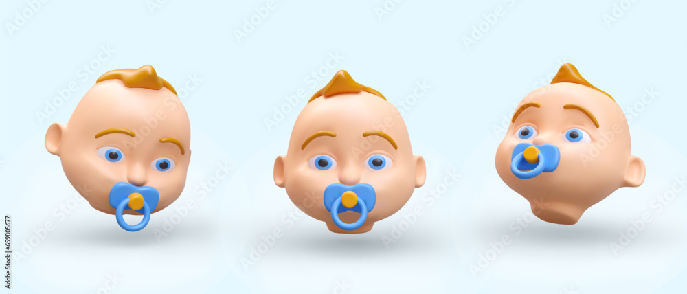 3d realistic baby head in different positions. Model of little boy with pacifier. 3d object children concept. Vector illustration with gray background in blue colors 3d realistic baby head in different positions. Model of little boy with pacifier. 3d object children concept. Vector illustration with gray background in blue colors
