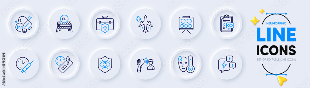 Manganese mineral, Medical flight and Vision board line icons for web app. Pack of Stress, Eu close borders, Medical insurance pictogram icons. Vaccination schedule. Neumorphic buttons. Vector