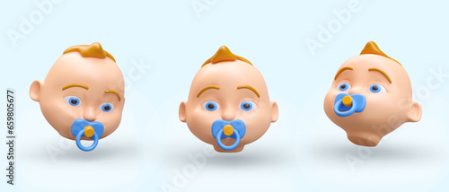 3d realistic baby head in different positions. Model of little boy with pacifier. 3d object children concept. Vector illustration with gray background in blue colors