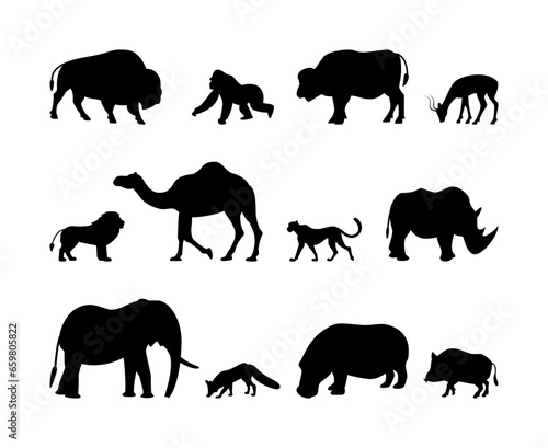 Animals silhouette vector icons. Isolated animal silhouettes gorilla  buffalo  gazelle  lion and more on a white background.