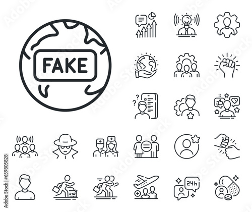 Internet propaganda sign. Specialist, doctor and job competition outline icons. Fake news line icon. Wrong truth symbol. Fake news line sign. Avatar placeholder, spy headshot icon. Vector